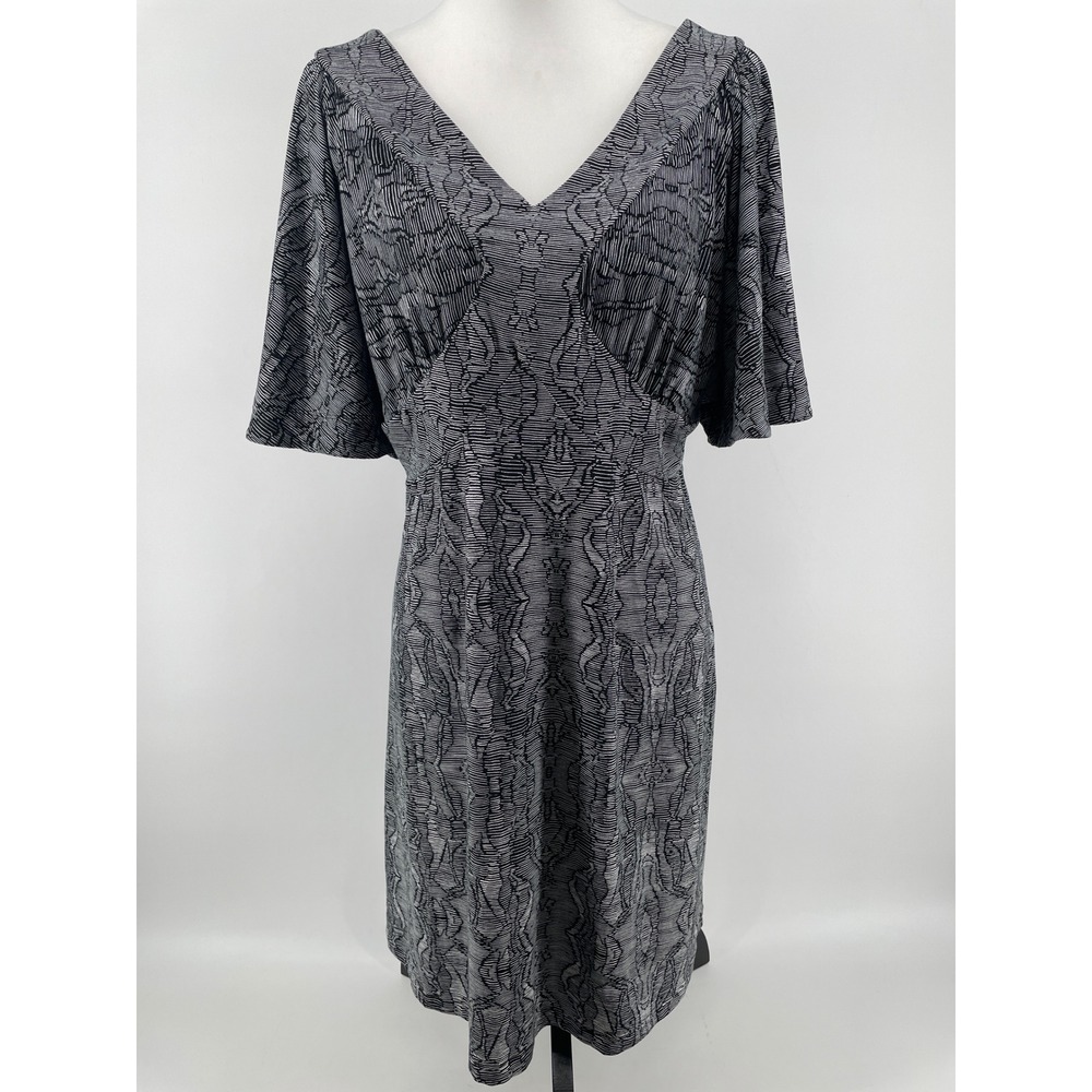 Jersey Knit Dress Womens Medium Black White Whimsigoth V-Neck Flutter Sleeve